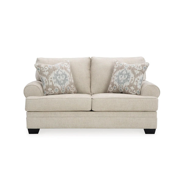 Transitional style loveseat with reversible seat cushions.