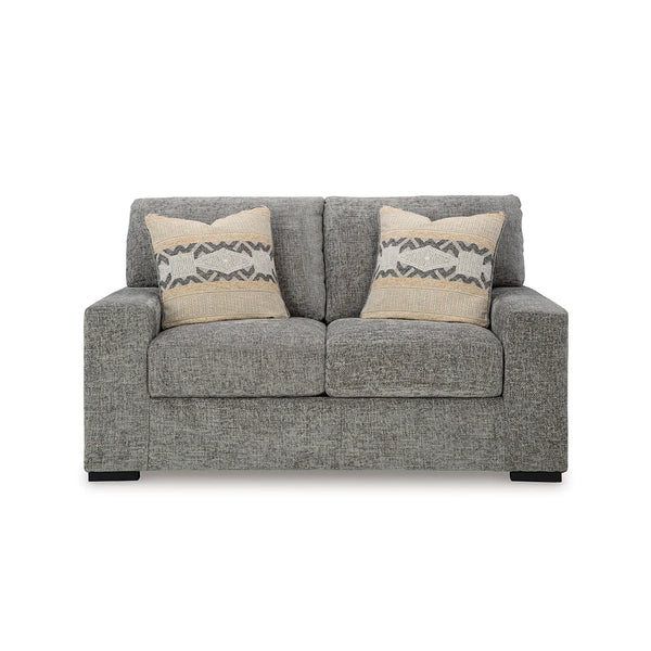 Loveseat with high-density foam cushions wrapped in feather-fiber blend.