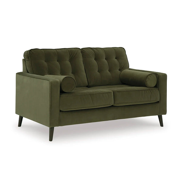 Comfortable loveseat with included bolster pillows filled with soft polyfill.