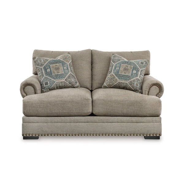 Comfortable loveseat with high-resiliency foam wrapped in feather-fiber blend.
