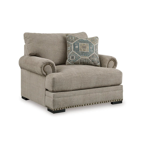 Chair with soft polyester upholstery, roll arms, and nailhead details