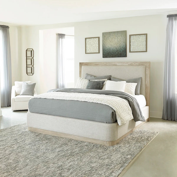Hennington queen upholstered panel bed with bisque wood finish – Ashley UAE
