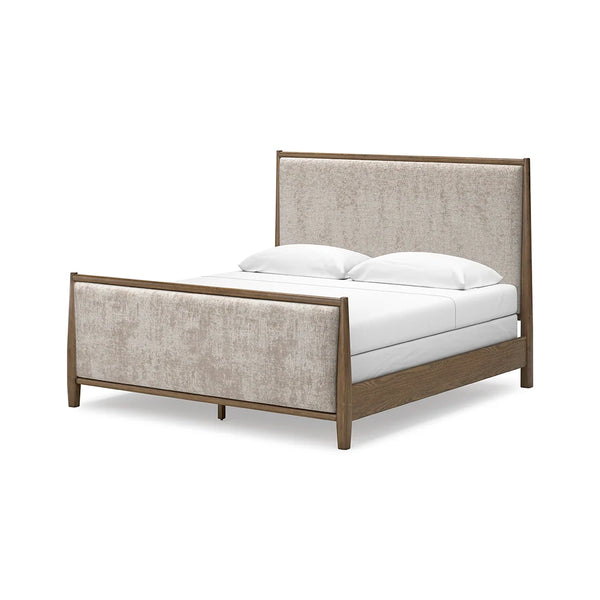Close-up of Roanhowe headboard with polyester upholstery and oak veneer frame – Ashley UAE