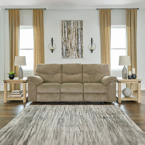 Beige reclining sofa Dubai with dual-sided pull-tab reclining motion.