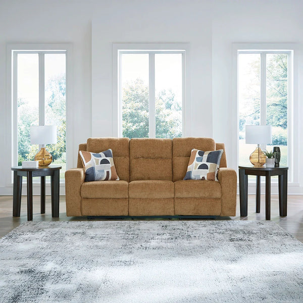 Reclining sofa Dubai with sleek track arms, soft cushions, and accent pillows.