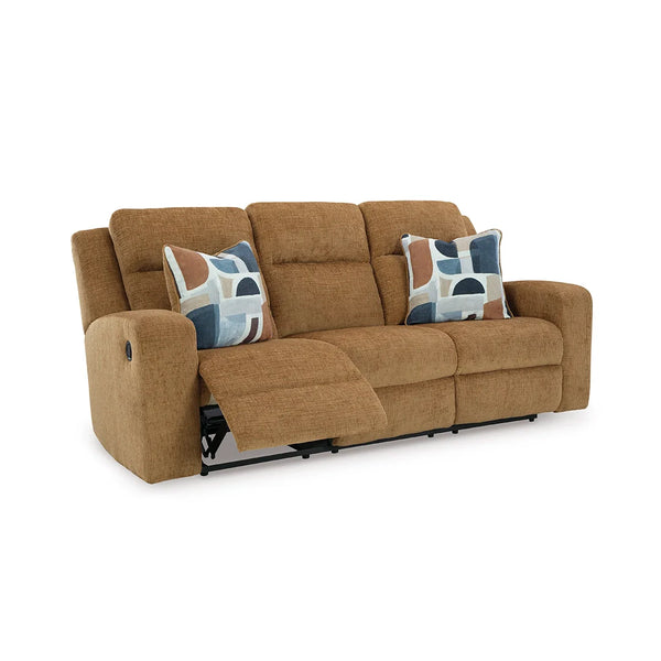 Comfortable reclining sofa with durable frame and pull-tab reclining design.