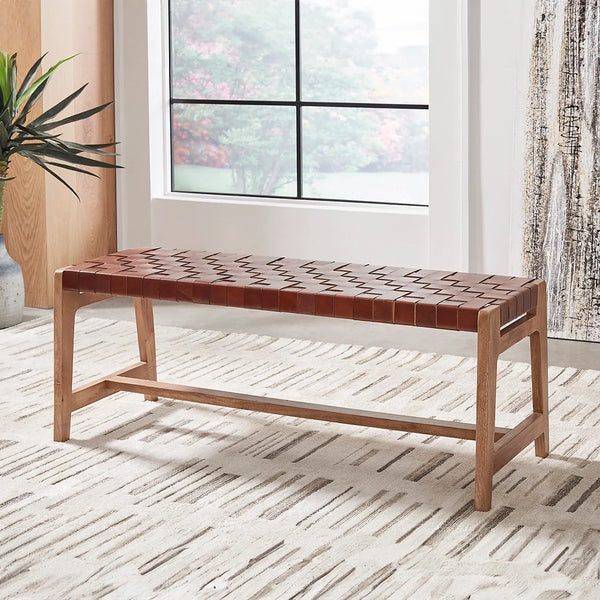 Ashley UAE Lemmund bench rustic woven brown leather seat with wooden legs