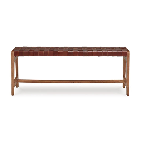 Rectangular Ashley UAE Lemmund bench brown leather seat sturdy wooden legs