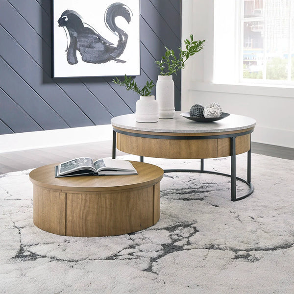 Fridley nesting coffee table set with lift-top design, rolling storage trunk, and light natural finish.