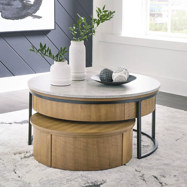 Nesting coffee table set featuring lift-top surface, oak veneer frame, and hidden storage compartments.