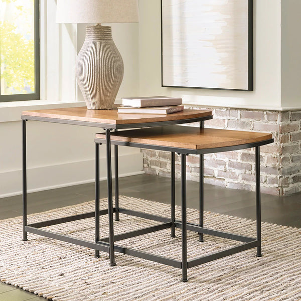 Drezmoore nesting table set with natural wood tops and black metal frames ��� Ashley UAE