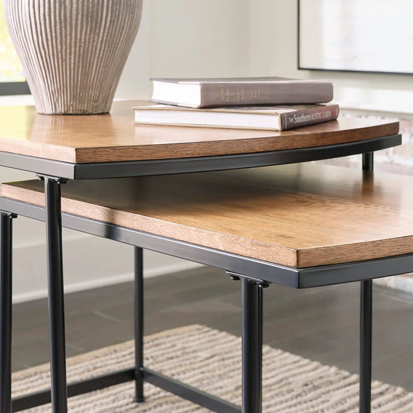 Rustic refined nesting tables in light brown wood finish with metal base ��� Ashley UAE