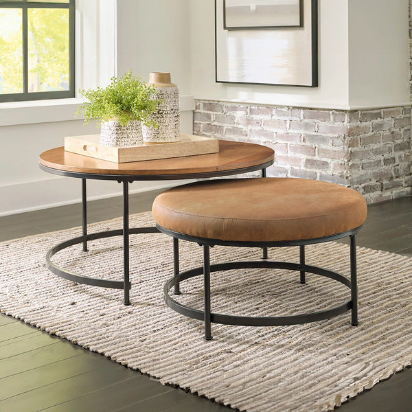 Drezmoore nesting table set with natural wood tops and black metal frames ��� Ashley UAE