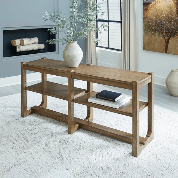 Ashley UAE Cabalynn sofa table with light brown glazed finish and multifunctional farmhouse design.
