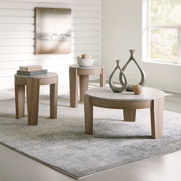 Guystone 3-piece coffee table set in light brown engineered wood.