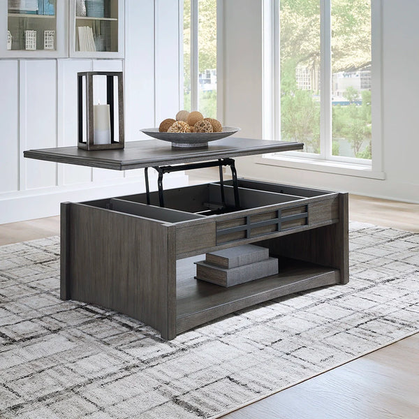 Lift-top coffee table with fixed open shelf, dual storage bins, and gray-brown finish with wood texture.