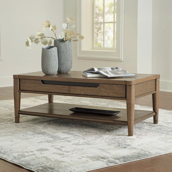 Roanhowe end table with brown wood grain finish, drawer, and open shelf design.