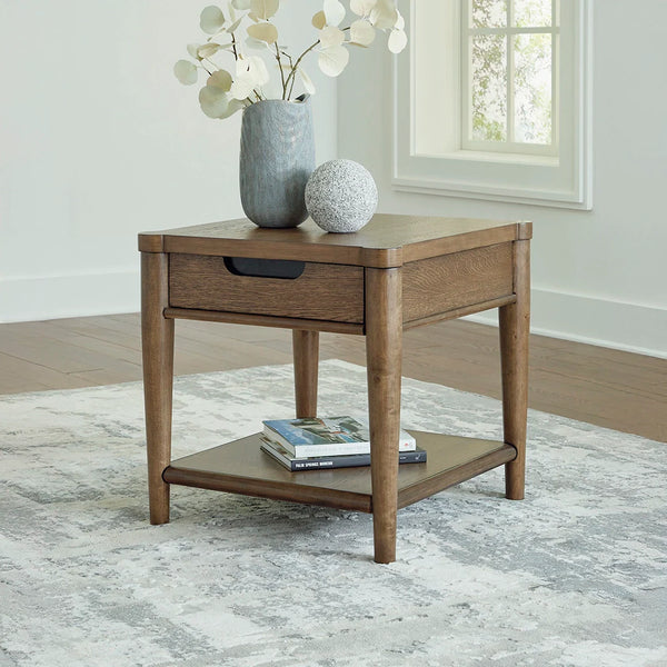 Modern end table featuring spacious drawer with dovetail construction and shelf.