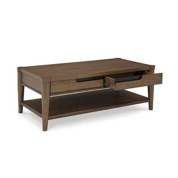 Stylish Roanhowe side table with oak veneer finish and functional storage.