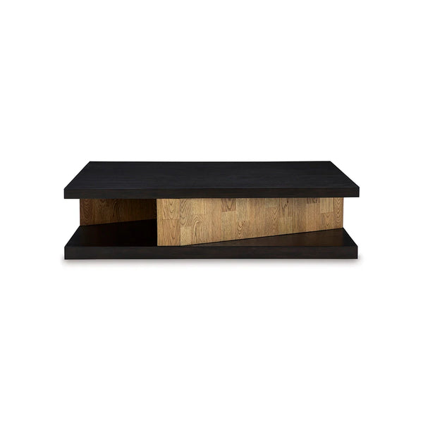Contemporary coffee table crafted with MDF substrate, select oak veneers, and smooth mobility casters.