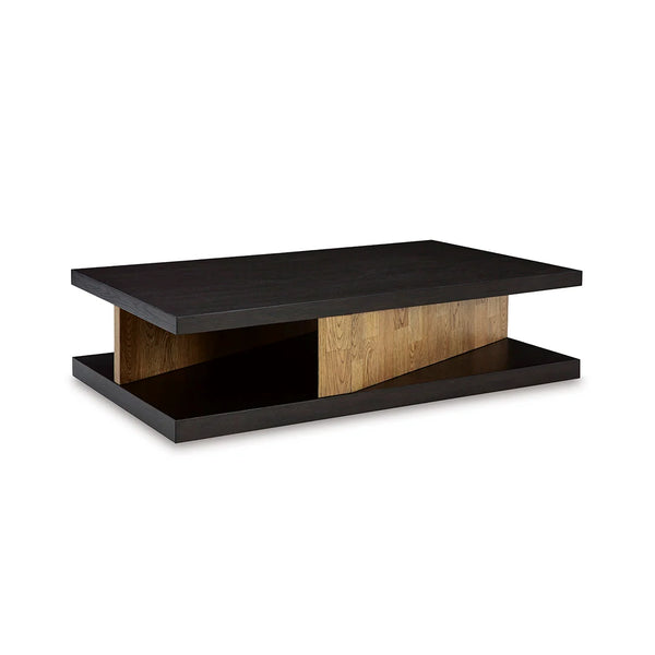 Coffee table with angled plinth supports, dark brown base, and contrasting natural oak surface.