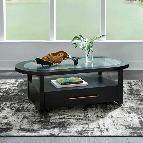 Black coffee table with glass top and two engineered wood end tables.