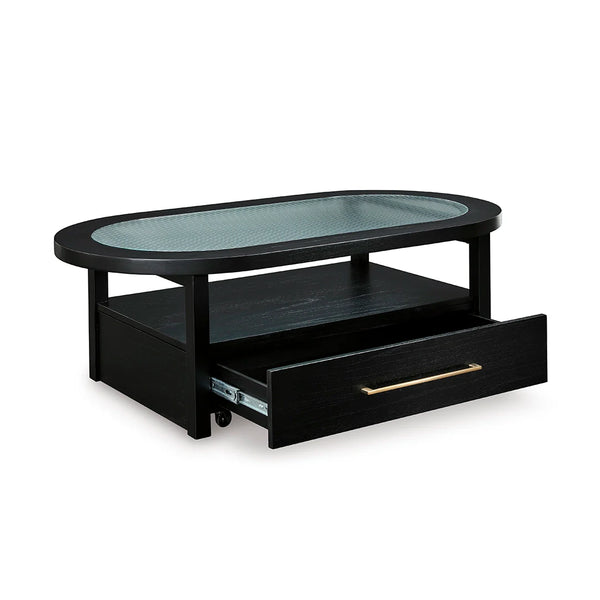 Elegant black coffee table with glass surface for Living rooms.