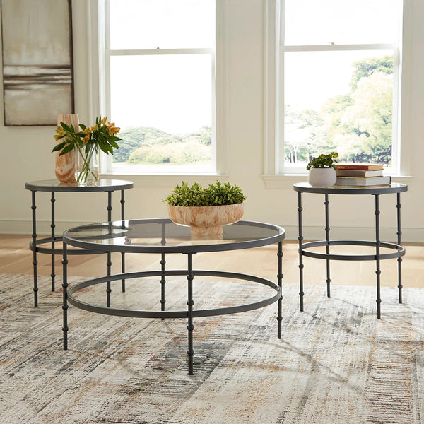 Kellyco 3-piece coffee table set with grey metal frames.