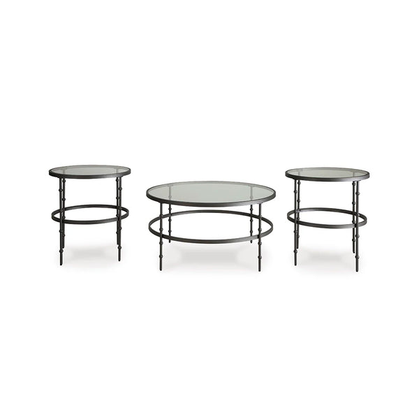 Glass top coffee table set with sleek metal structure.