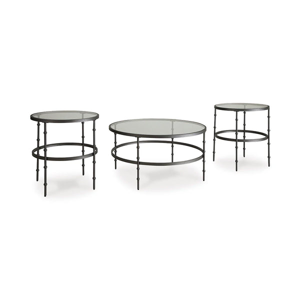 Modern grey coffee table with two coordinating accent tables.
