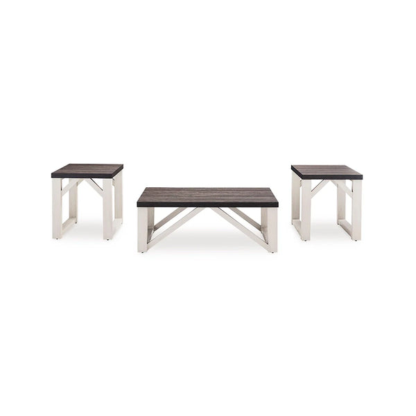 Modern white coffee table with two matching accent tables.