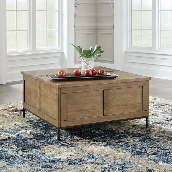 Torlanta coffee table with medium brown wood finish and black steel legs.