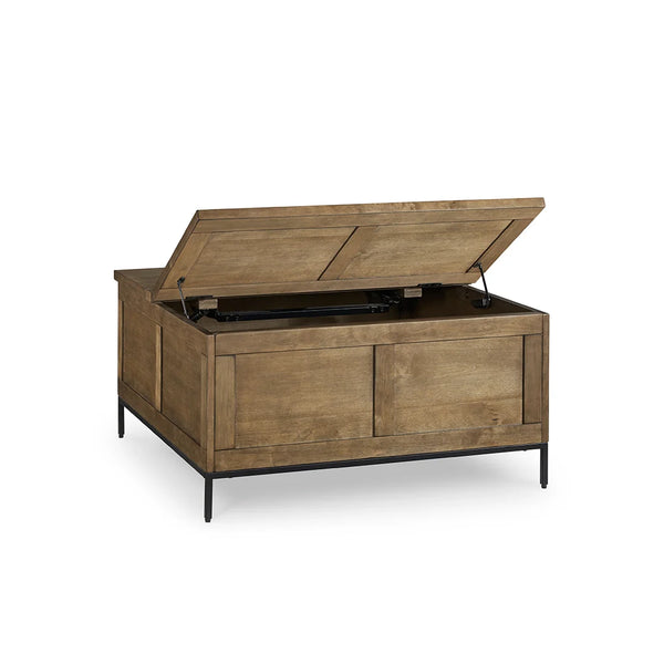 Modern brown wood coffee table with matte black tubular steel base.