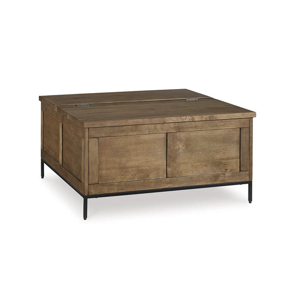 Torlanta coffee table with hinged lid for storage and lift-top workspace.