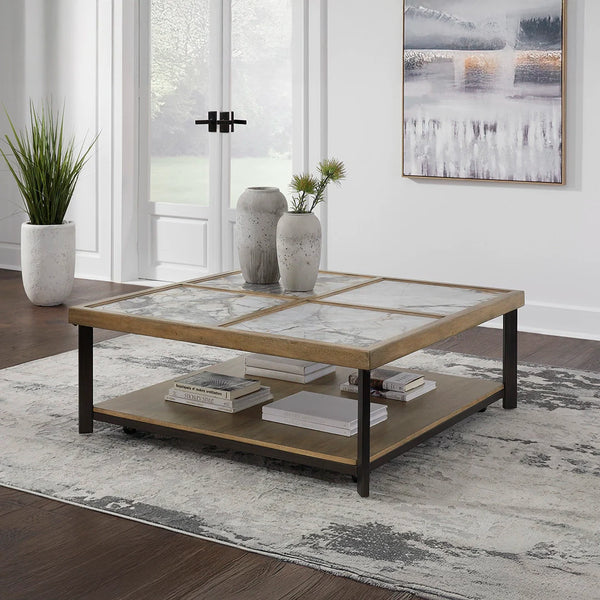 Montia 3-piece coffee table set in warm brown finish.