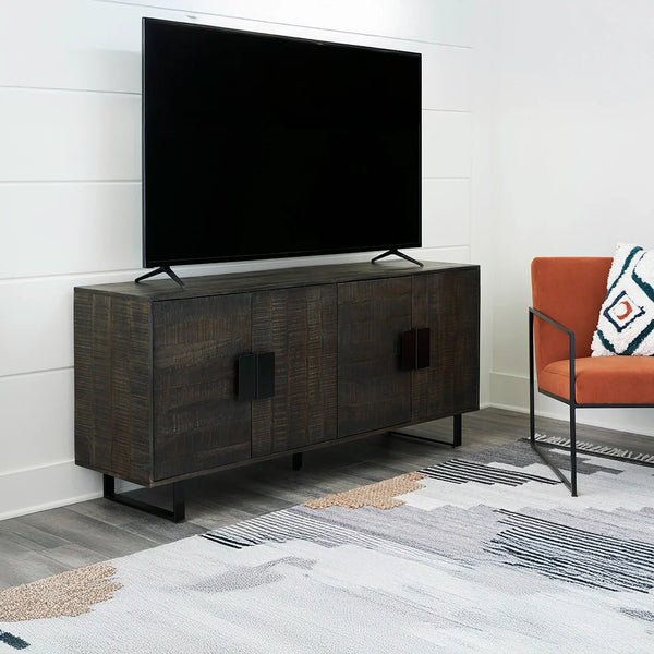 Ashley UAE Kevmart accent cabinet made with solid mango wood, grayish brown glazed finish, and sleek black metal hardware.