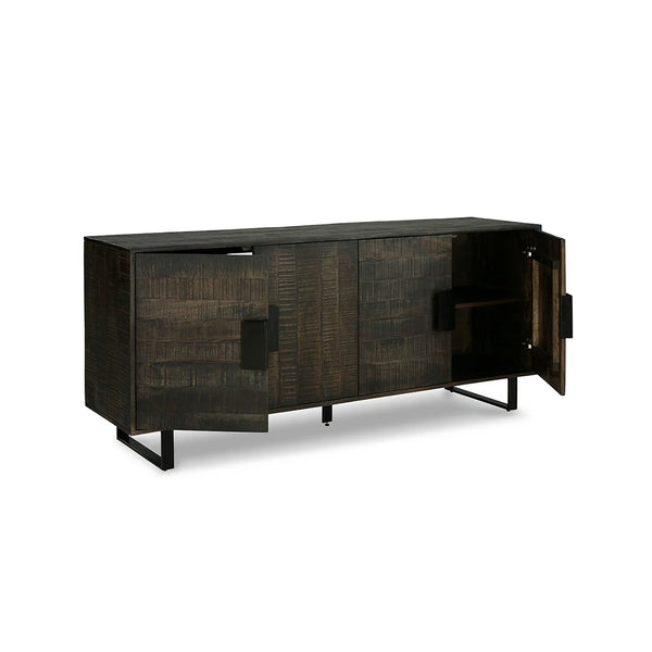 Contemporary Kevmart cabinet with horizontal and vertical planked door fronts, soft-close hinges, and modern storage design in Dubai.