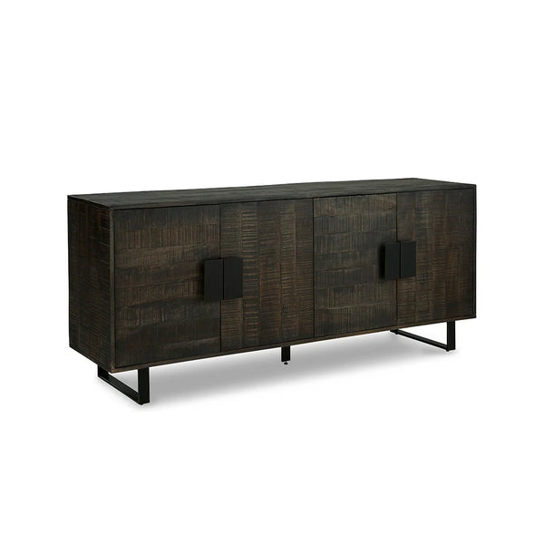 Kevmart accent cabinet with mixed-material look, two interior shelves, and wire management cutouts���stylish Ashley furniture UAE.