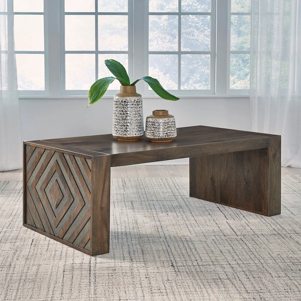 Dregggan 3-piece coffee table set in rich dark brown finish.