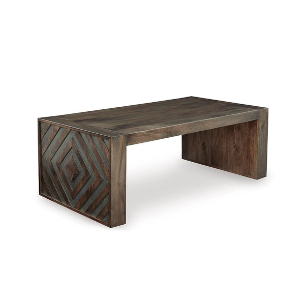 Dark brown coffee table and end tables with engineered wood frames.