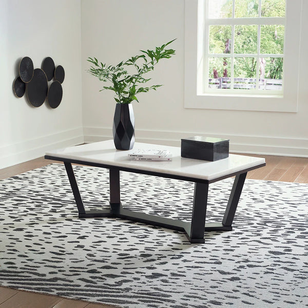 Fostead 3-piece coffee table set with white marble tops and dark brown base.