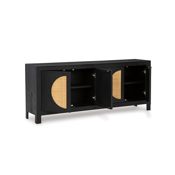 Modern black console cabinet offering display surface and hidden storage, Ashley Furniture UAE.