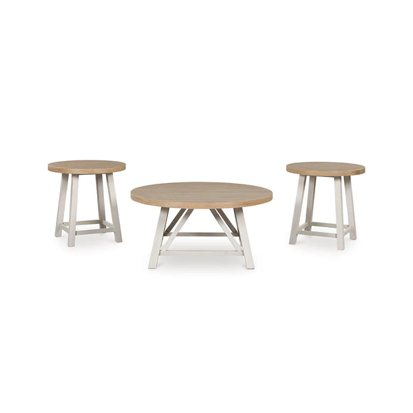 Three-piece occasional table set with white base and brown wood-tone top in farmhouse style.