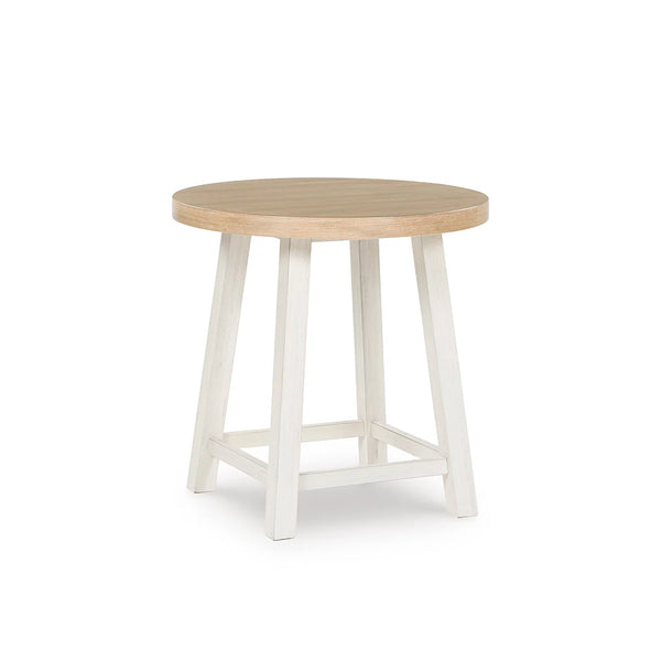 Coffee table and 2 end tables in two-tone white and brown finish with rounded farmhouse design.