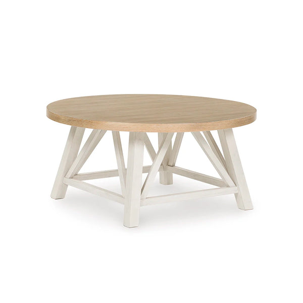 Coffee table set in two-tone white and brown finish with hardwood and MDF construction.