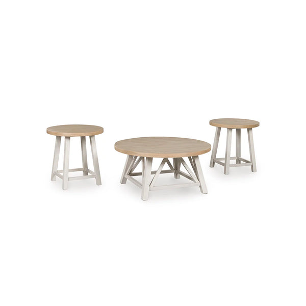 Rounded table set with antiqued white legs and brown plank-style tops for rustic charm.