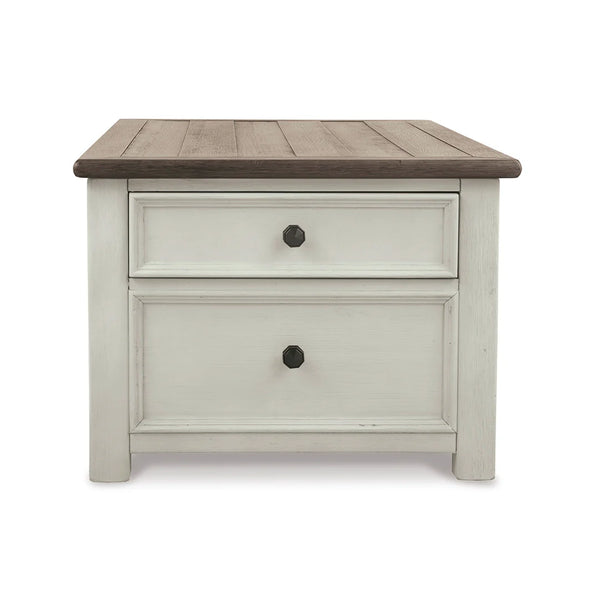 Farmhouse coffee table featuring spring-lift design, four storage drawers, and smooth mobility casters.