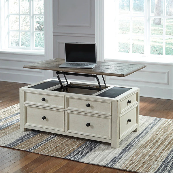 Rustic two-tone coffee table with plank-style top, distressed finish, and functional lift-top mechanism.