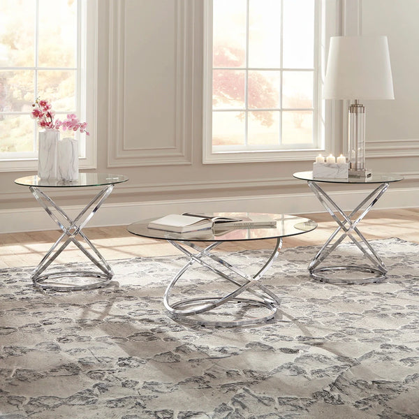 Hollynyx round coffee table set ��� chrome-tone metal and glass design | Ashley UAE