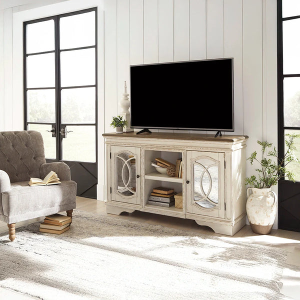realyn tv stand antique two tone finish chipped white ��� Ashley UAE